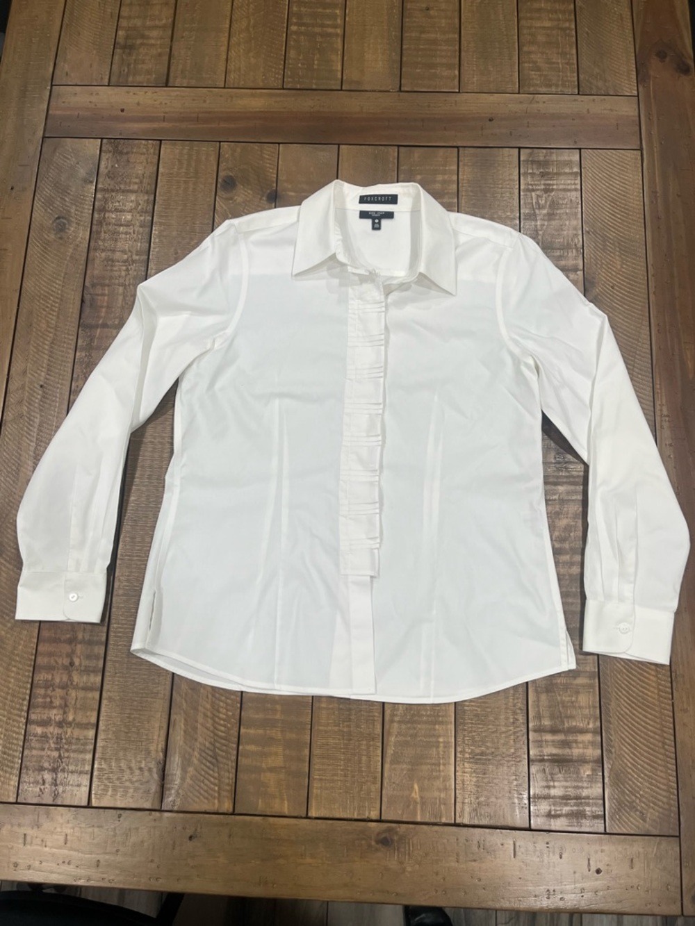 Foxcroft | White Ruffle-Front Dress Shirt | 100% Cotton | Size 12